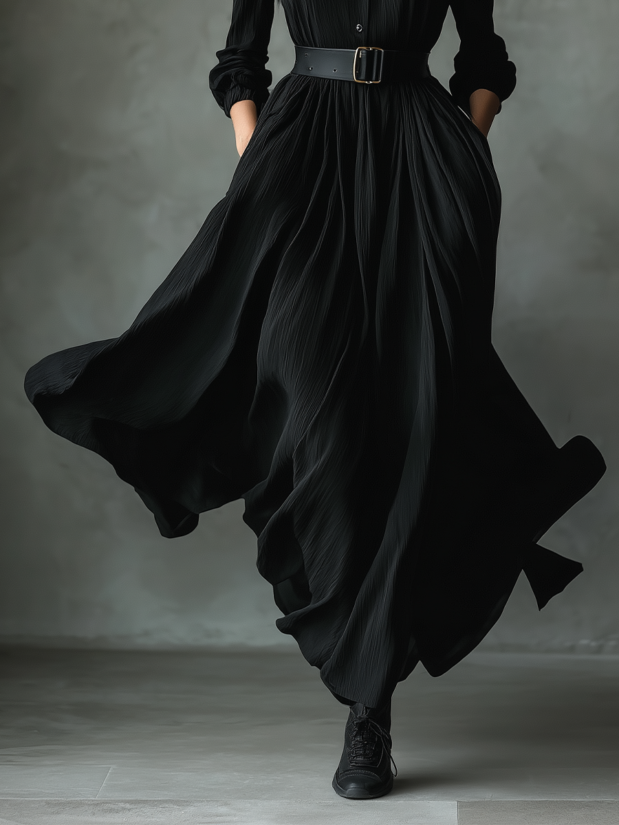 Women's Black Blend Textured Pleated Vintage Maxi Dress