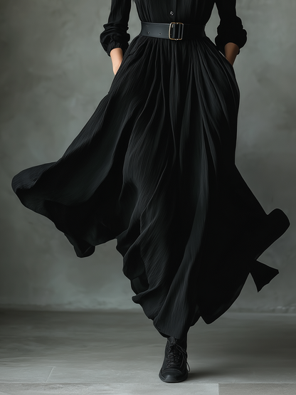 Women's Black Blend Textured Pleated Vintage Maxi Dress