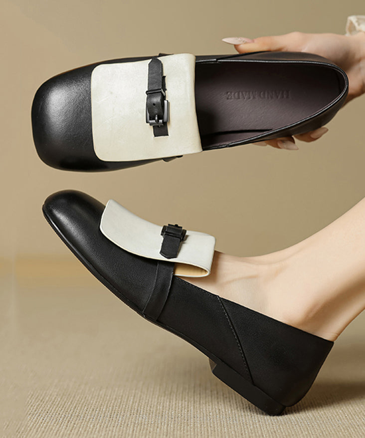 Beige Cowhide Leather Splicing Loafers