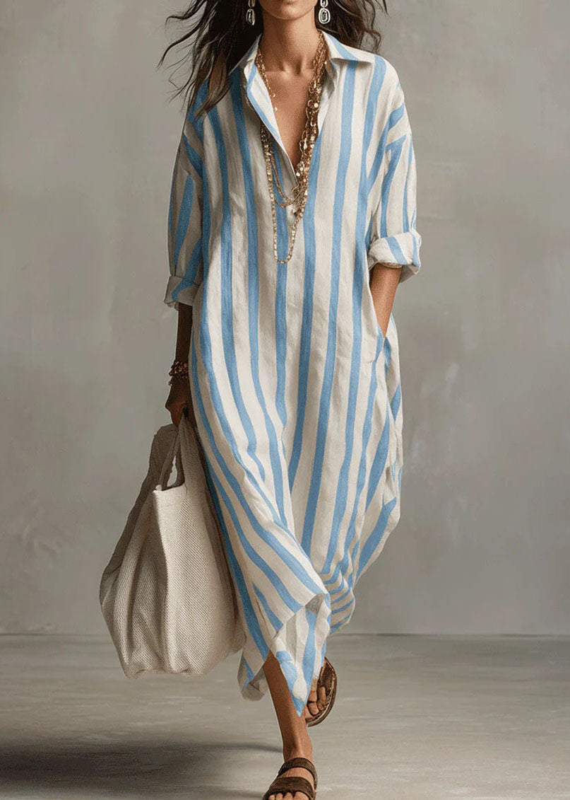 Loose Black V Neck Striped Pockets Cotton Dress Summer