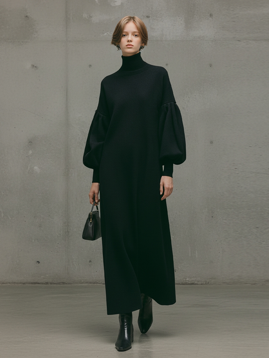 Women's Modern Black Turtleneck Puff-Sleeve Sweatshirt Maxi Dress