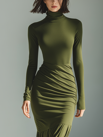 Women's Army Green Stretch Knit High Neck Pleated Slim Fit Maxi Dress