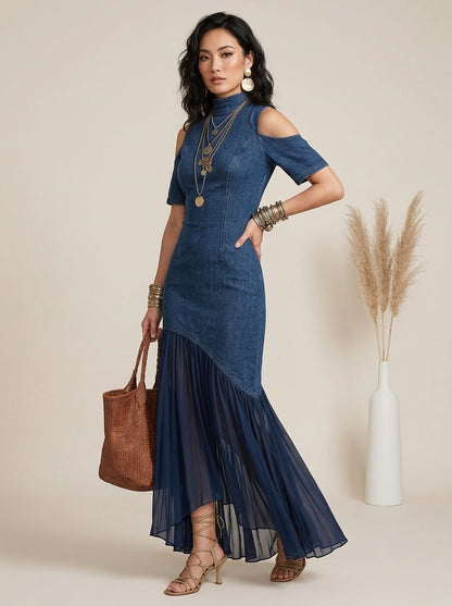 Chic Navy Cold Shoulder Tulle Patchwork Denim Dress Summer