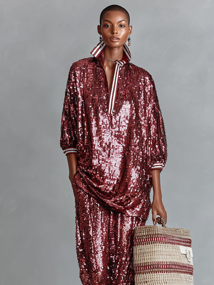 Women's Burgundy Glamorous Sequin Striped - Trimmed Oversized Loungewear Set