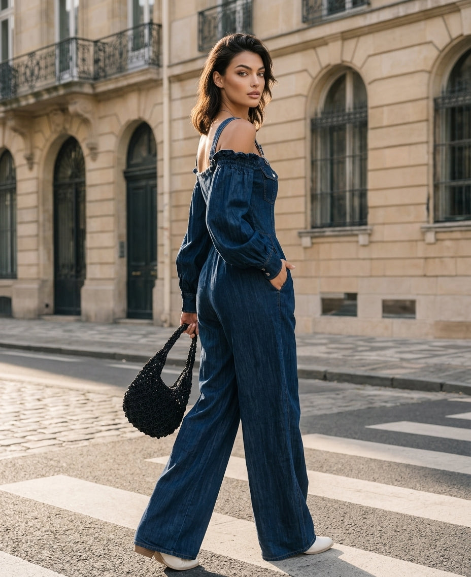 Women's Casual Dark Blue Denim Long-sleeve Overall Jumpsuit
