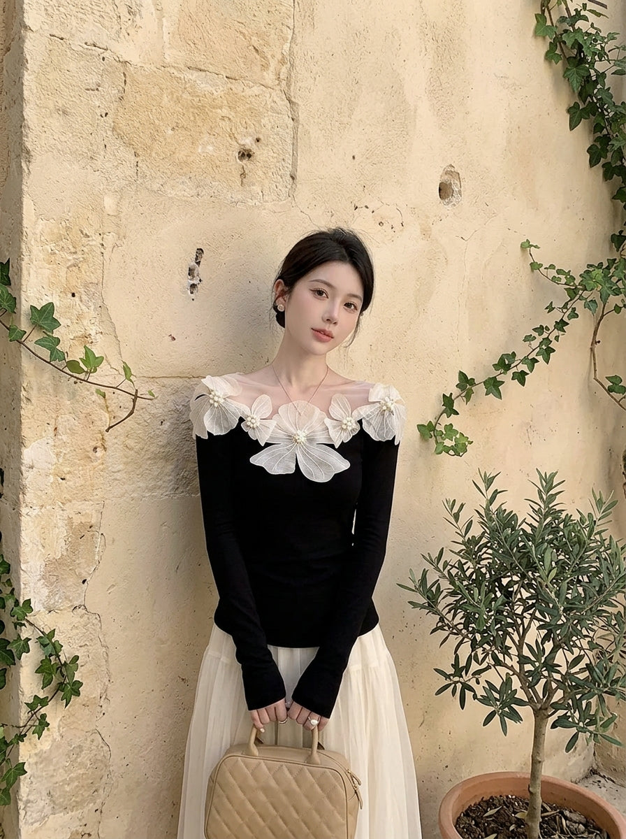 Stylish Black Slash Neck Floral Nail Bead Knit Tops Spring