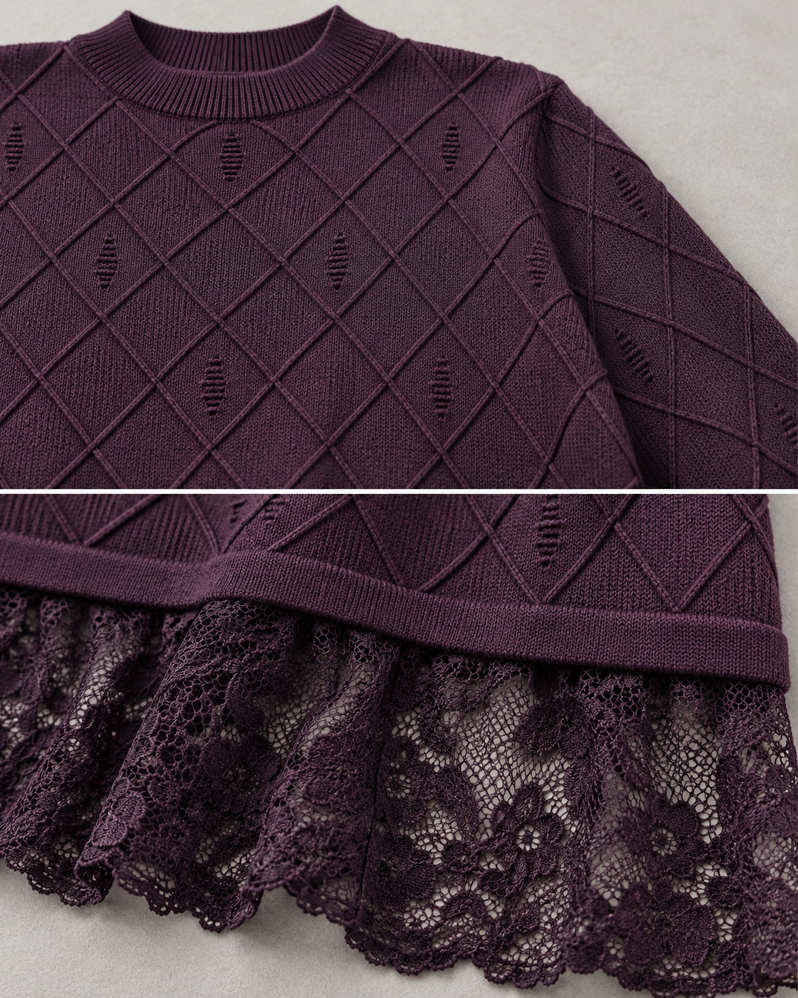 Women's Wool Sweater Dress – Lace Hem Long Sleeve Midi Knit Dress