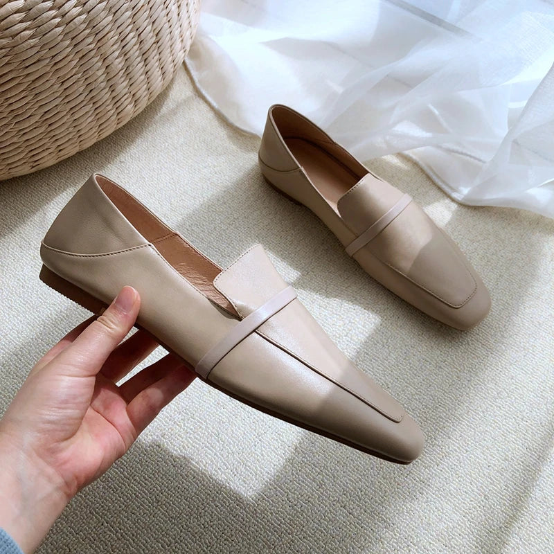 Cow Leather Square Toe Women Flats Casual Loafers Women Shoe Without Heel  New Spring Autumn Mules Woman Simple White Shoes