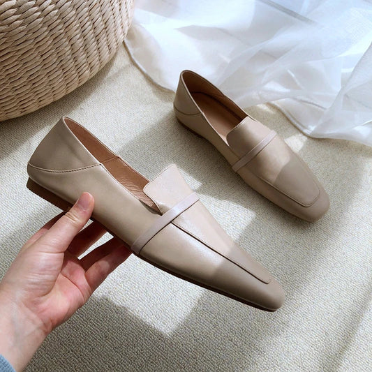 Cow Leather Square Toe Women Flats Casual Loafers Women Shoe Without Heel  New Spring Autumn Mules Woman Simple White Shoes