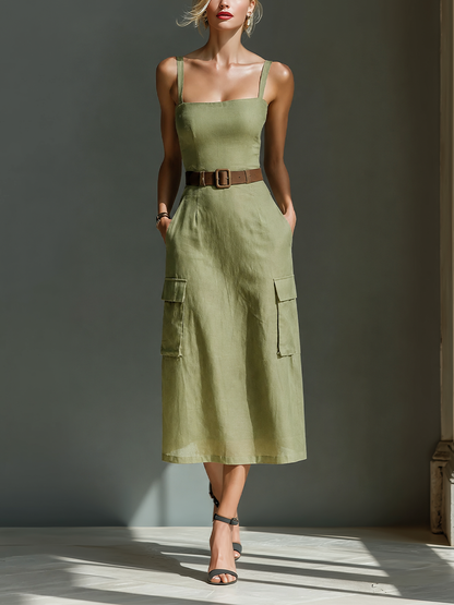 Women's Olive Green Linen Fabric Sleeveless Midi Dress With Cargo Pockets & Belted Waist