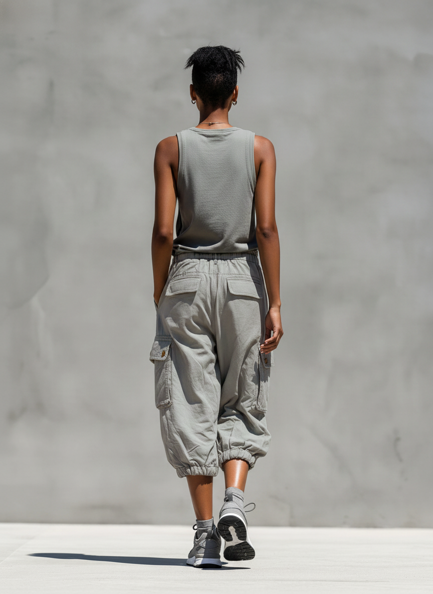 Women’s Grey Sleeveless Tank Top & Cargo Jogger Shorts Two-Piece Set