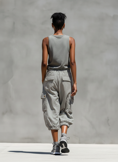 Women’s Grey Sleeveless Tank Top & Cargo Jogger Shorts Two-Piece Set