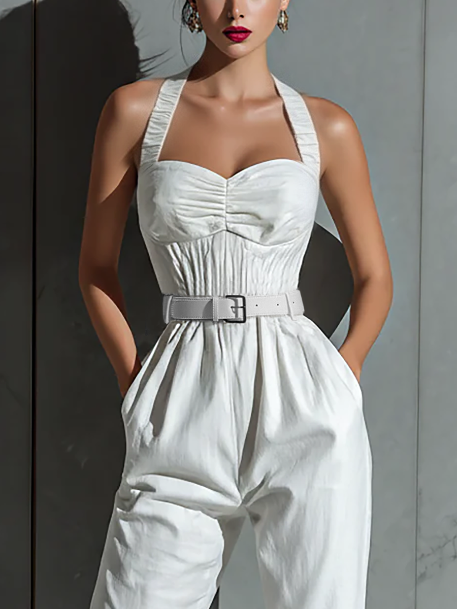 Women's Ivory Cotton And Linen Blend Wide-Leg Jumpsuit With Cinched Waist