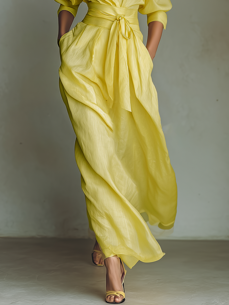 Women's Lemon Yellow Cotton And Linen Blend Maxi Shirt Dress With Tie Waist & Half Sleeves