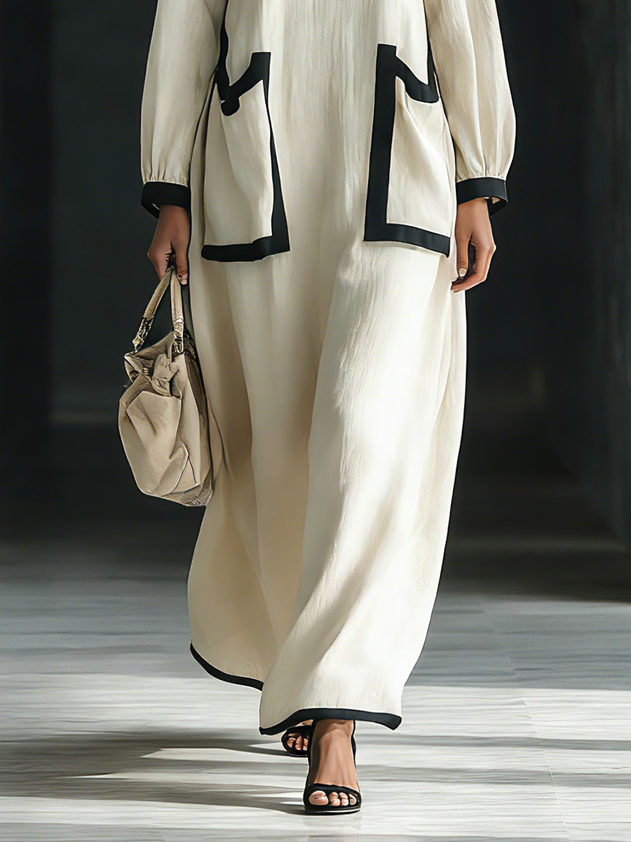 Women's Beige Cotton And Linen Blend Square-Neck Maxi Dress With Black Trim & Oversized Pockets