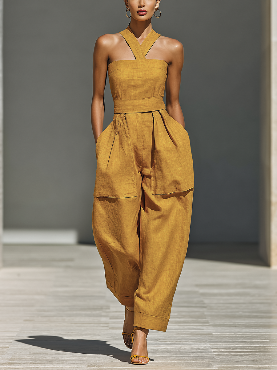 Women's Mustard Yellow Linen-Blend Jumpsuit With Crisscross Neckline & Relaxed Trousers