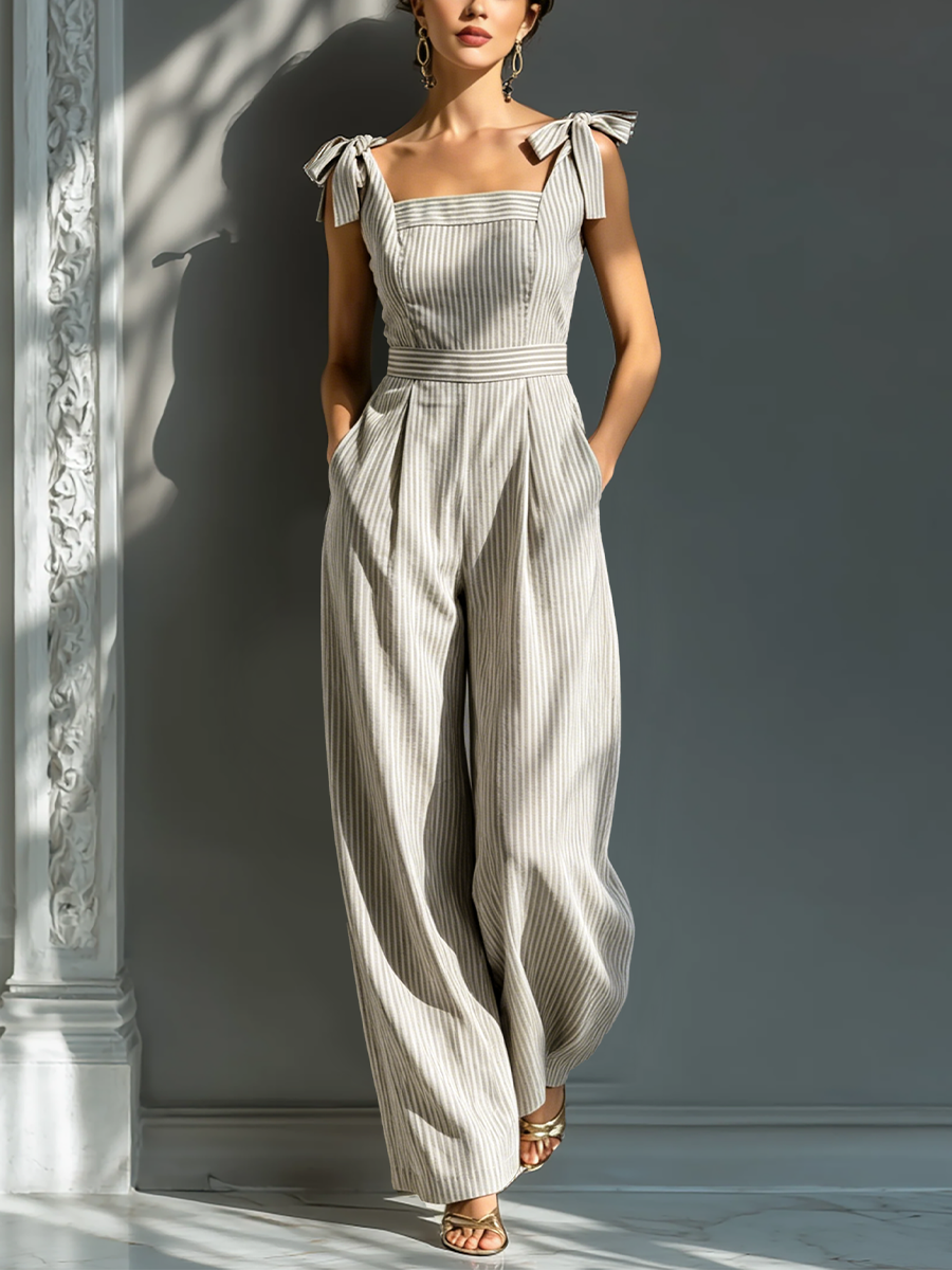 Women's Beige & White Striped Linen-Blend Jumpsuit With Square Neck & Tie Straps