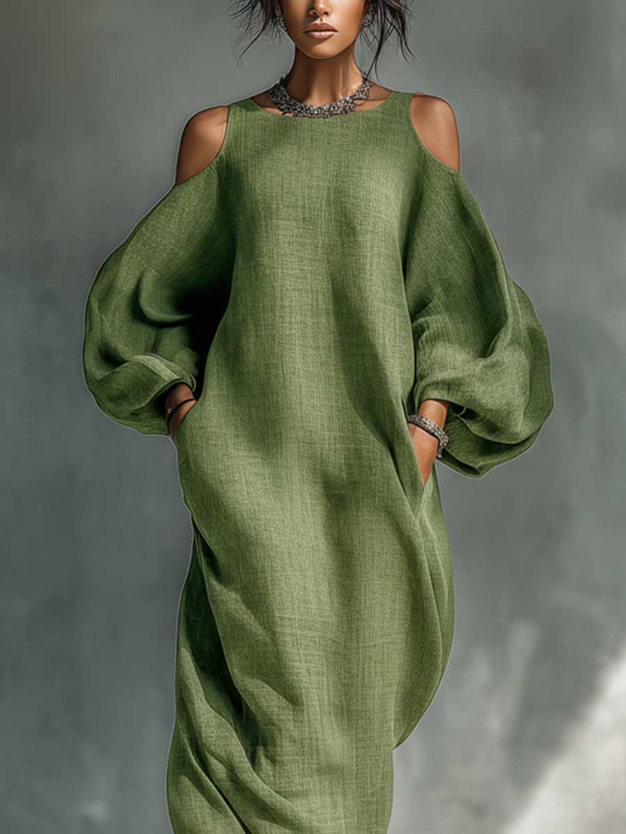 Women's Light Green Cold-Shoulder Maxi Dress With Oversized Puff Sleeves & Side Pockets