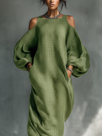 Women's Light Green Cold-Shoulder Maxi Dress With Oversized Puff Sleeves & Side Pockets