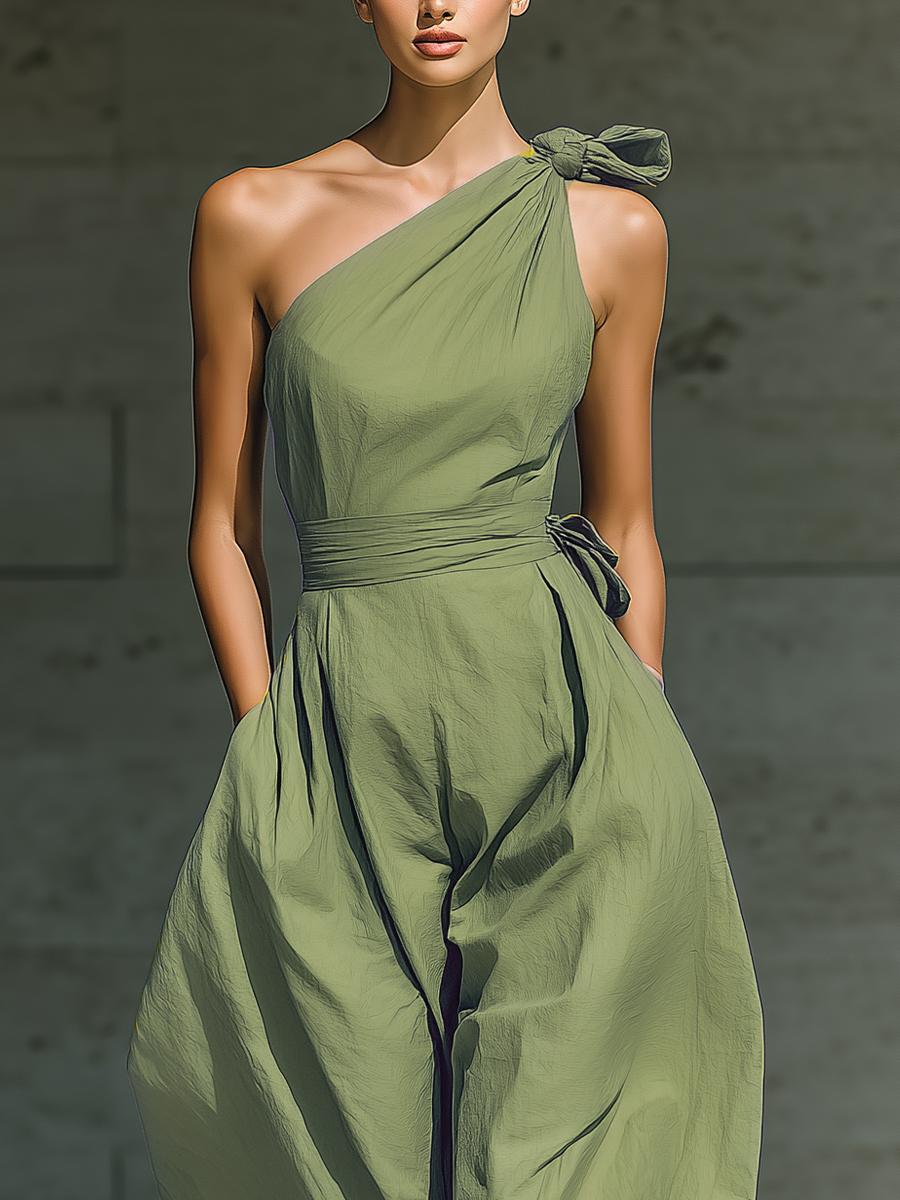 Women's Light Green Cotton And Linen Blend One-Shoulder Wide-Leg Jumpsuit With Tie Waist