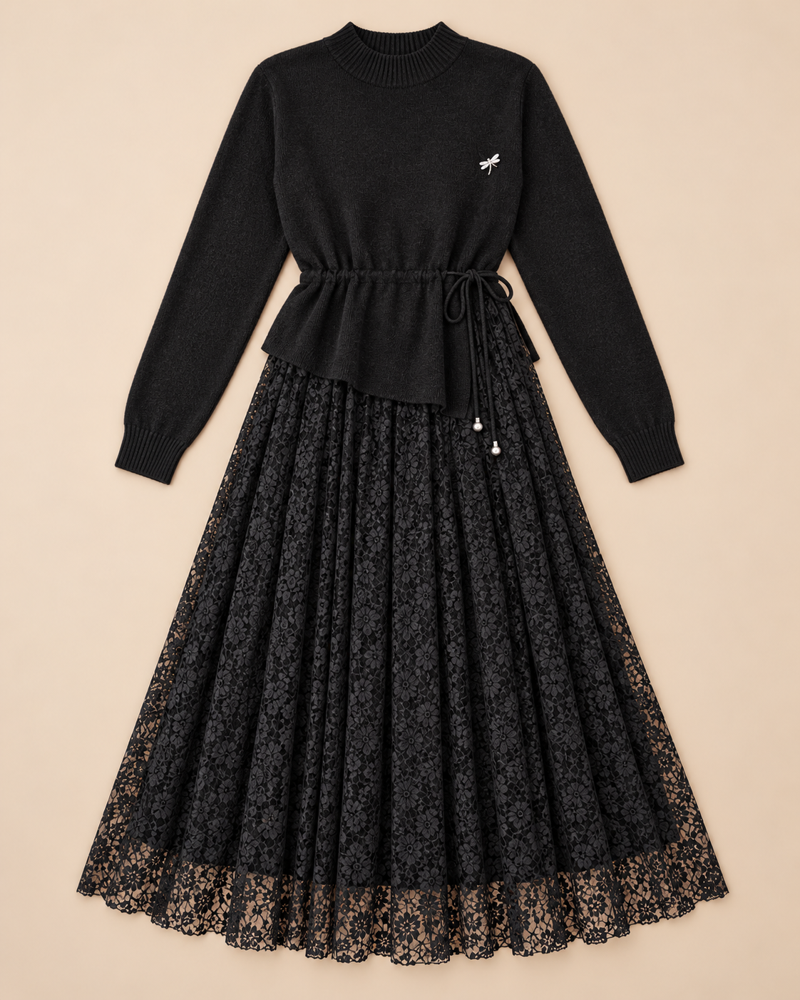 Women's Wool Sweater Dress – Tie-Waist Pleated Lace Midi Dress