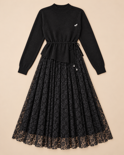 Women's Wool Sweater Dress – Tie-Waist Pleated Lace Midi Dress
