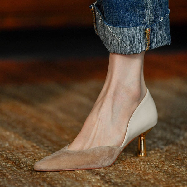 Women's Pointed-Toe Low-Cut Kitten Heel Pumps - Elegant Metallic Accent Dress Shoes