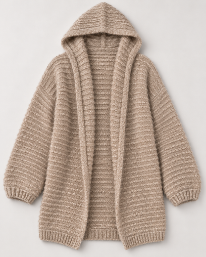 Women's Hooded Wool Cardigan – Longline Open-Front Knit Sweater