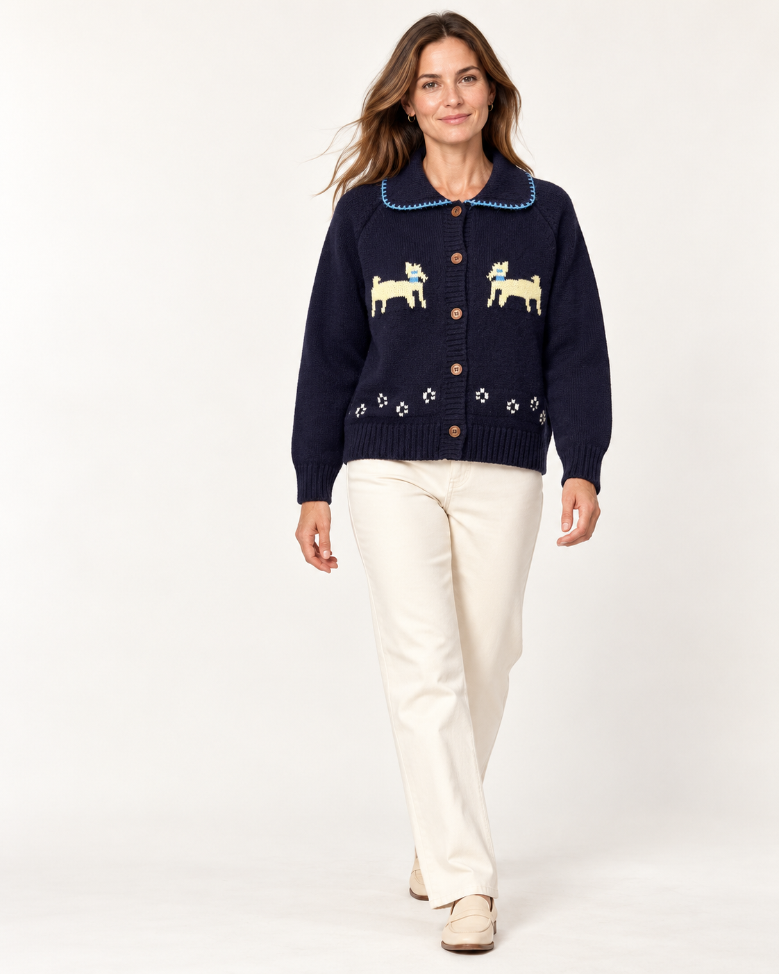 Women's Dog Wool Cardigan – Contrast Collar Button-Up Knit Sweater