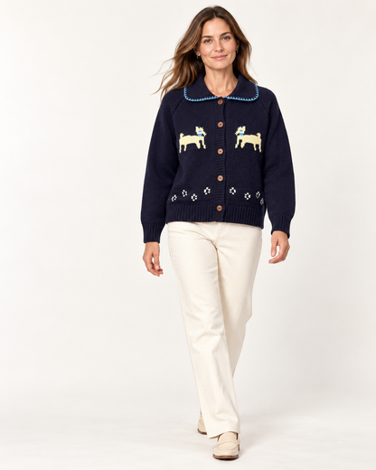 Women's Dog Wool Cardigan – Contrast Collar Button-Up Knit Sweater