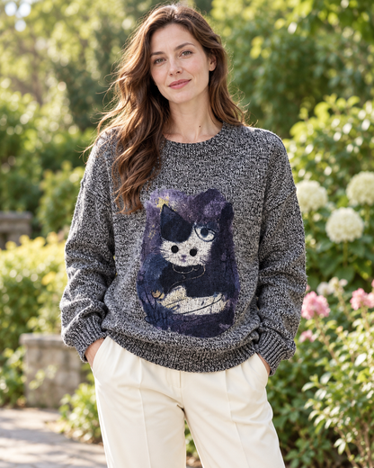 Women's Cat Graphic Wool Sweater – Relaxed Crewneck Knit Pullover
