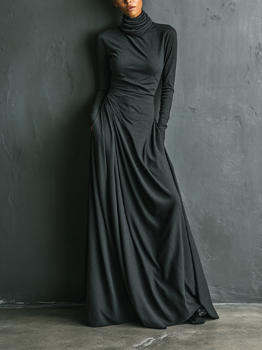 Women's Charcoal Elegant Stretch Polyester-Cotton Blend Turtleneck Draped Maxi Dress