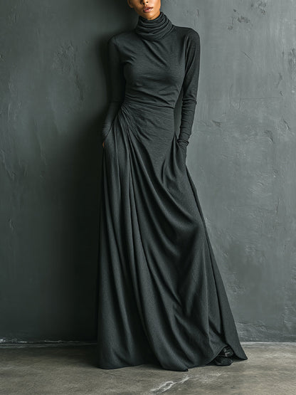 Women's Charcoal Elegant Stretch Polyester-Cotton Blend Turtleneck Draped Maxi Dress