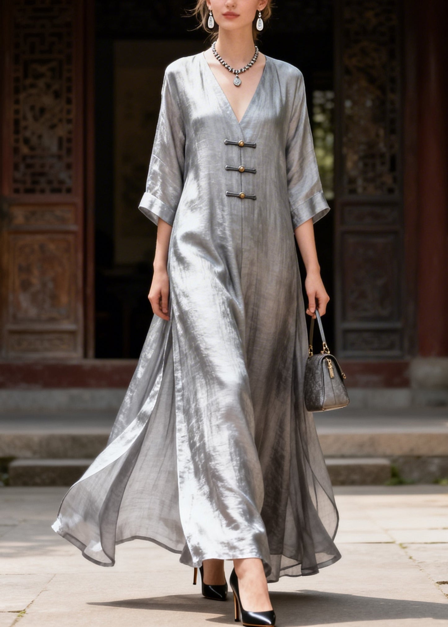 Classy Grey V Neck Chinese Button Side Open Silk Long Dress Summer