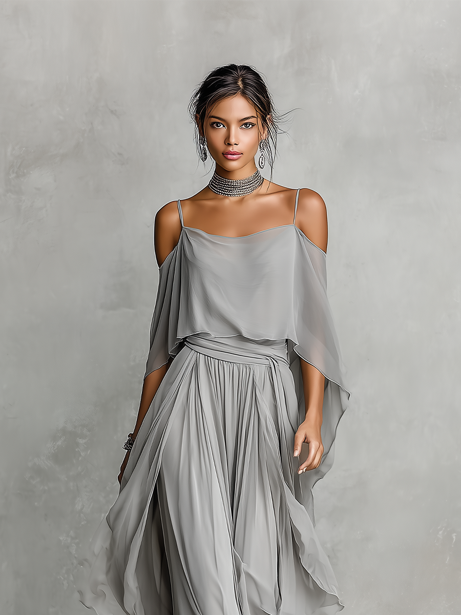 Women's Grey Breathable Chiffon Set With Cold-Shoulder Detail & Flared Silhouette, Contemporary Luxury-Feminine Style Set