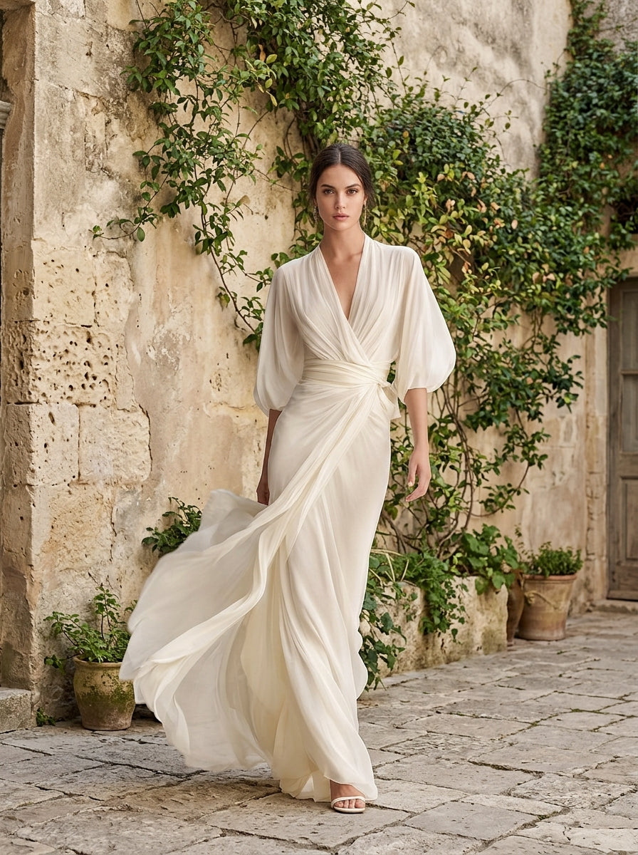 Fine White V Neck Chiffon Maxi Dresses Lantern Sleeve