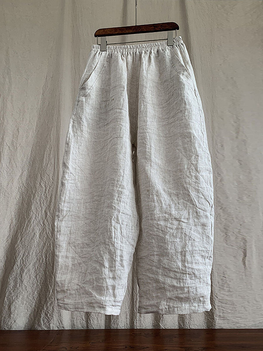 Women Spring Casual Solid Loose Elastic Waist Linen Pants