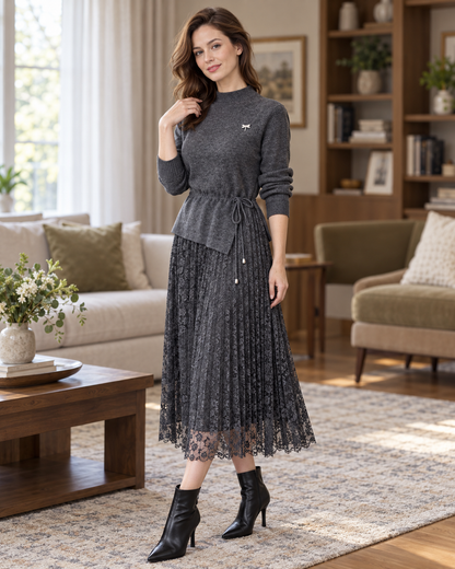 Women's Wool Sweater Dress – Tie-Waist Pleated Lace Midi Dress