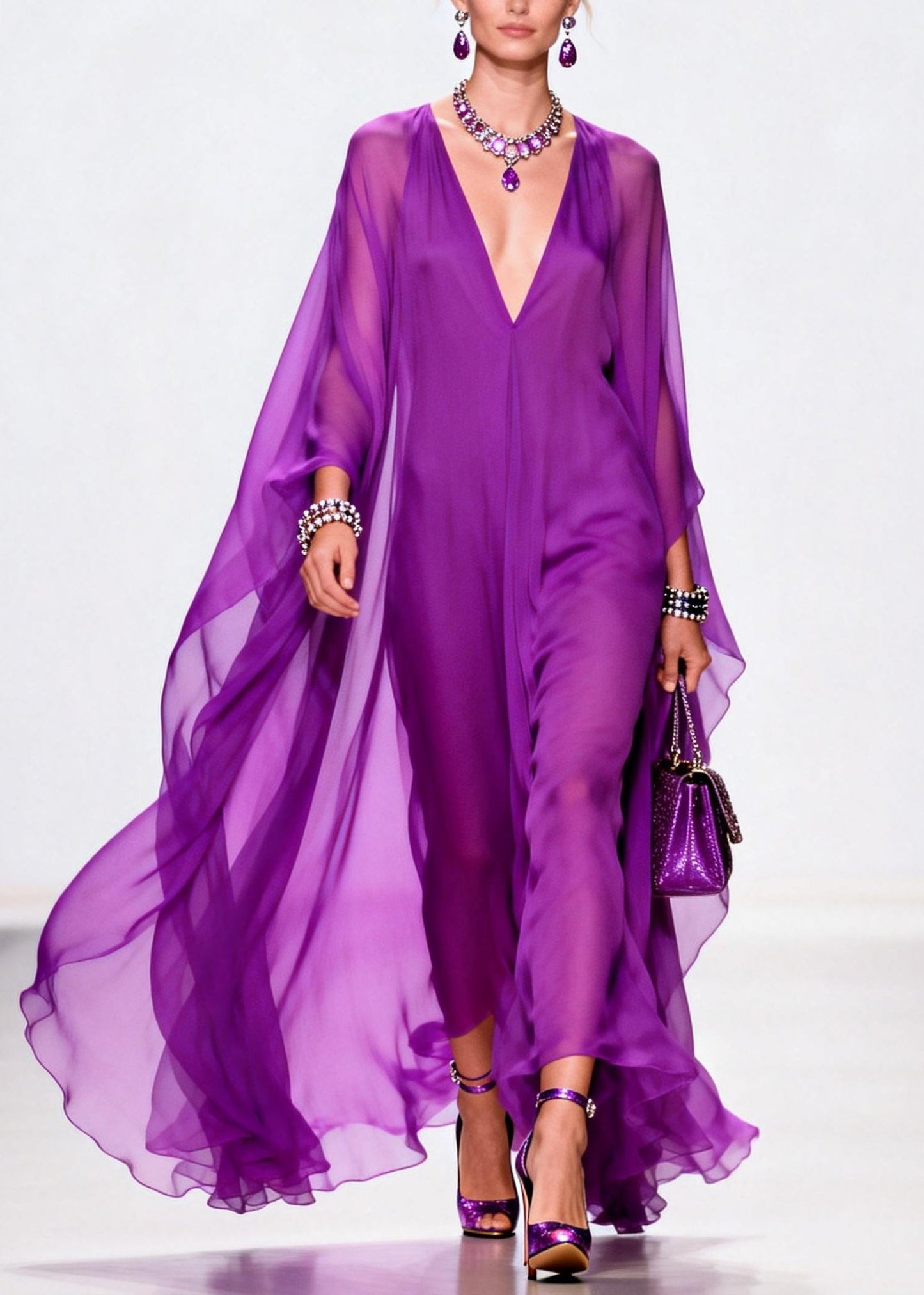 Elegant Purple V Neck Exra Large Hem Chiffon Holiday Dress Summer