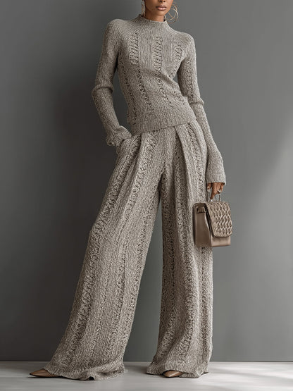 Women's Taupe Elegant Knit Textured Sweater & Wide - Leg Pants Set
