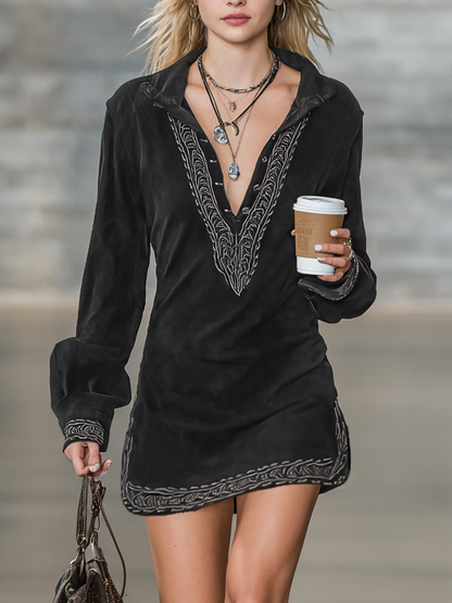 Women's Vintage Faux Suede Embroidered Shirt Collar Long Sleeve Mini Dress