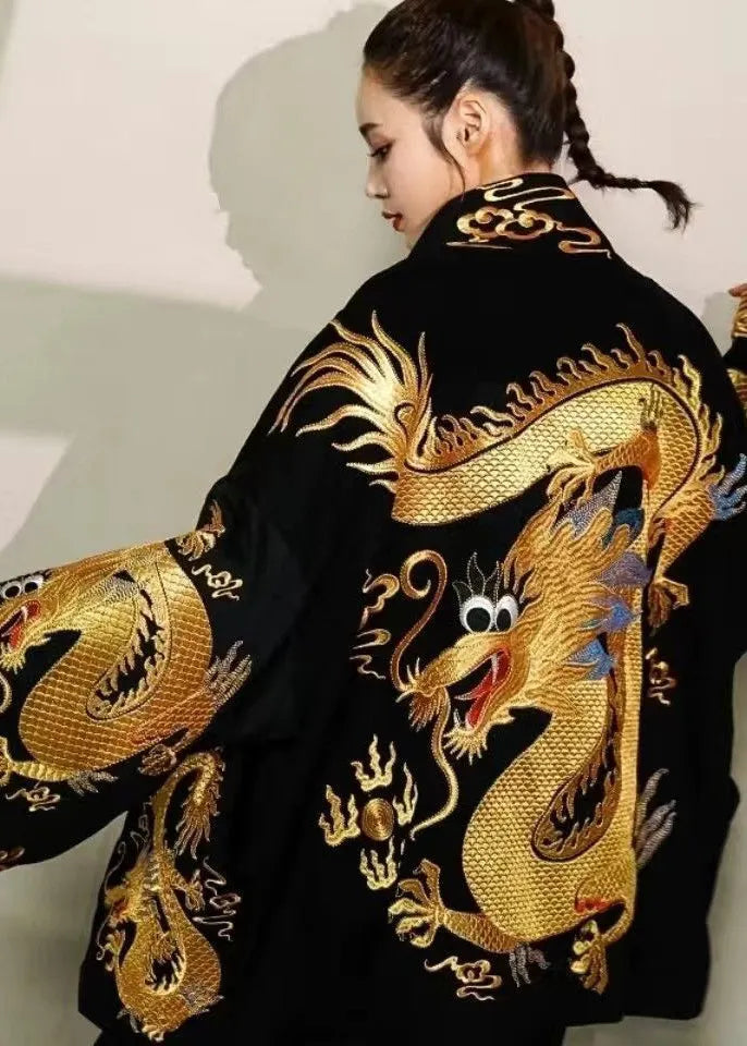 Trendy Gold Painted Dragon Oversized Cotton Cardigan Jacket
