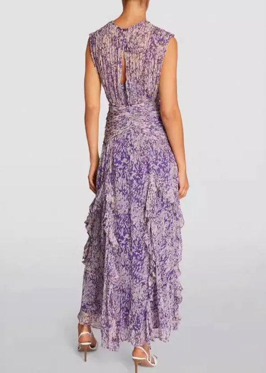 Original Purple Ruffled Print Chiffon Dresses Sleeveless