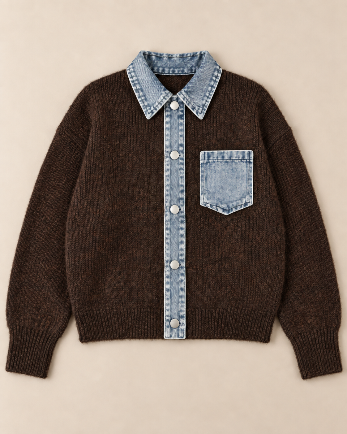 Women's Denim Trim Wool Cardigan – Collared Button-Front Knit Sweater