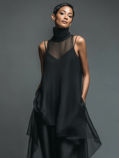 Women's Minimalist Imitation Acetate Slip Dress Paired With A Chiffon Overlay Maxi Dress