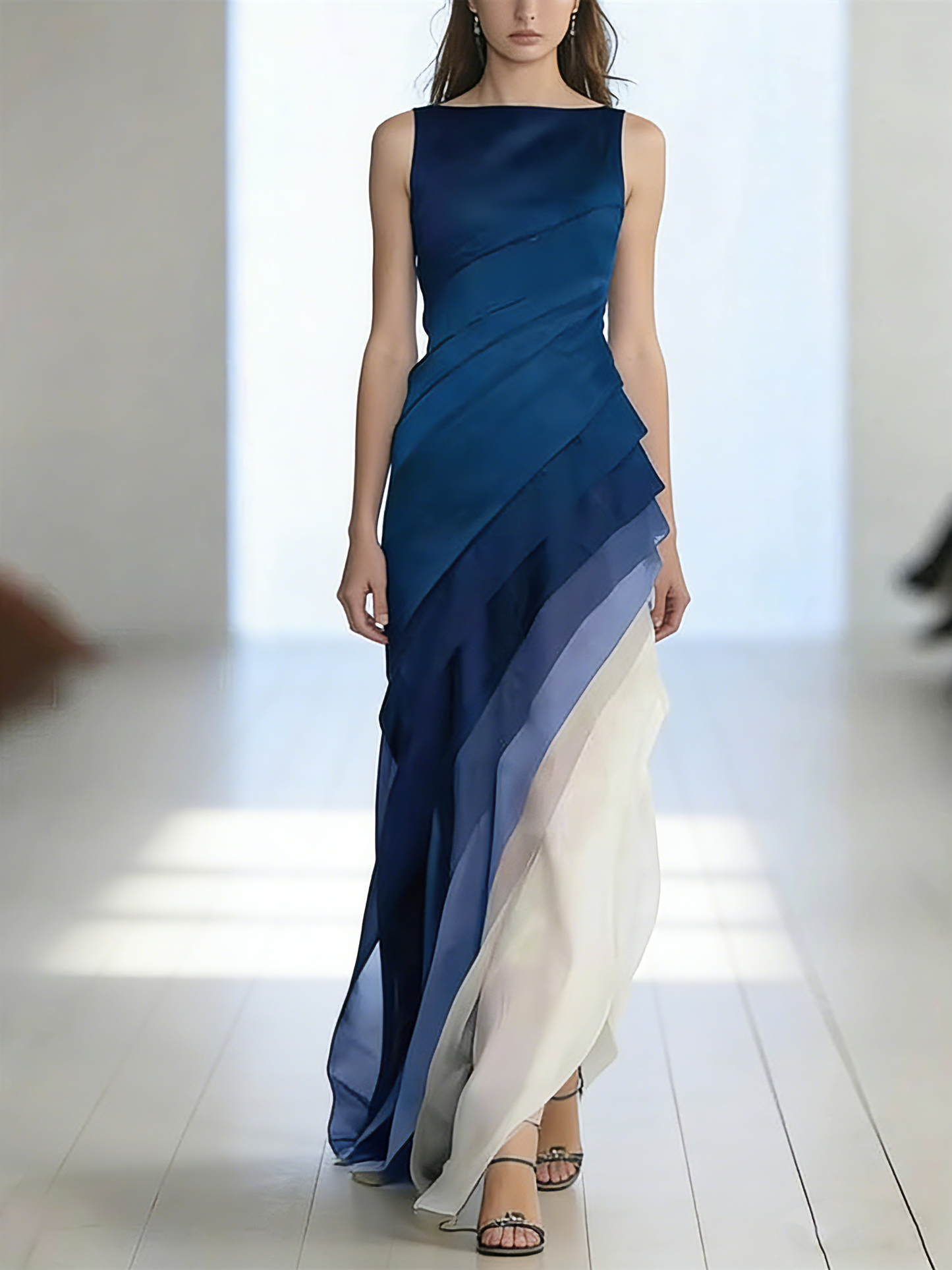 French Blue High Waist Patchwork Tulle Maxi Dresses Sleeveless