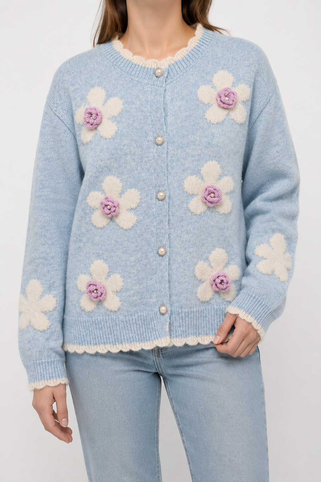 Women’s 3D Floral Wool Cardigan – Pearl Button Soft Knit Sweater for Early Fall