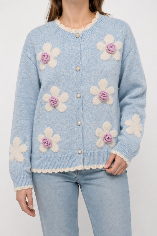 Women’s 3D Floral Wool Cardigan – Pearl Button Soft Knit Sweater for Early Fall