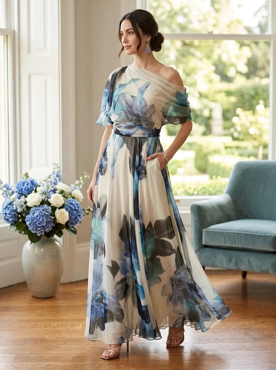 French Sky Blue Asymmetrical Print Chiffon Long Dresses Summer