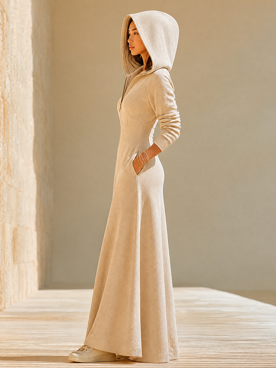 Women's Slimming Loose Lounge Minimalist Full Zip Hoodie Long Dress Cream